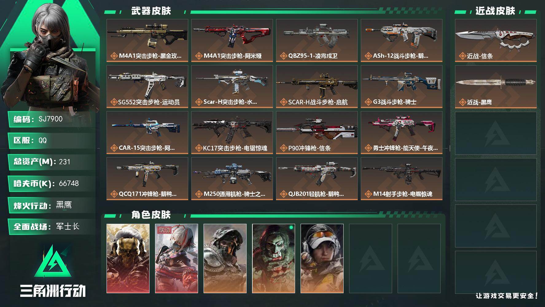 三角洲行动账号QQ【SJ7900】总资产(M)：231M/哈夫币(K)：66748K/哈夫币(K)：66748K/传说