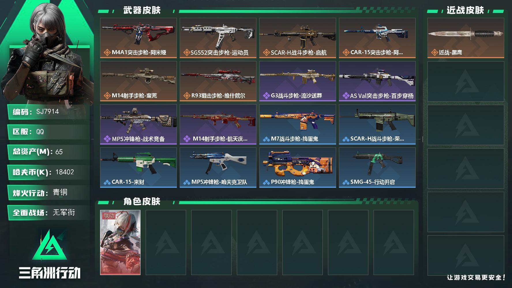 三角洲行动账号QQ【SJ7914】总资产(M)：65M/哈夫币(K)：18402K/哈夫币(K)：18402K/传说枪皮数：6/全面战场等级：1_段位：无段位/烽火地带等级：46_段位：青铜/骇爪-维什戴尔/近战-黑