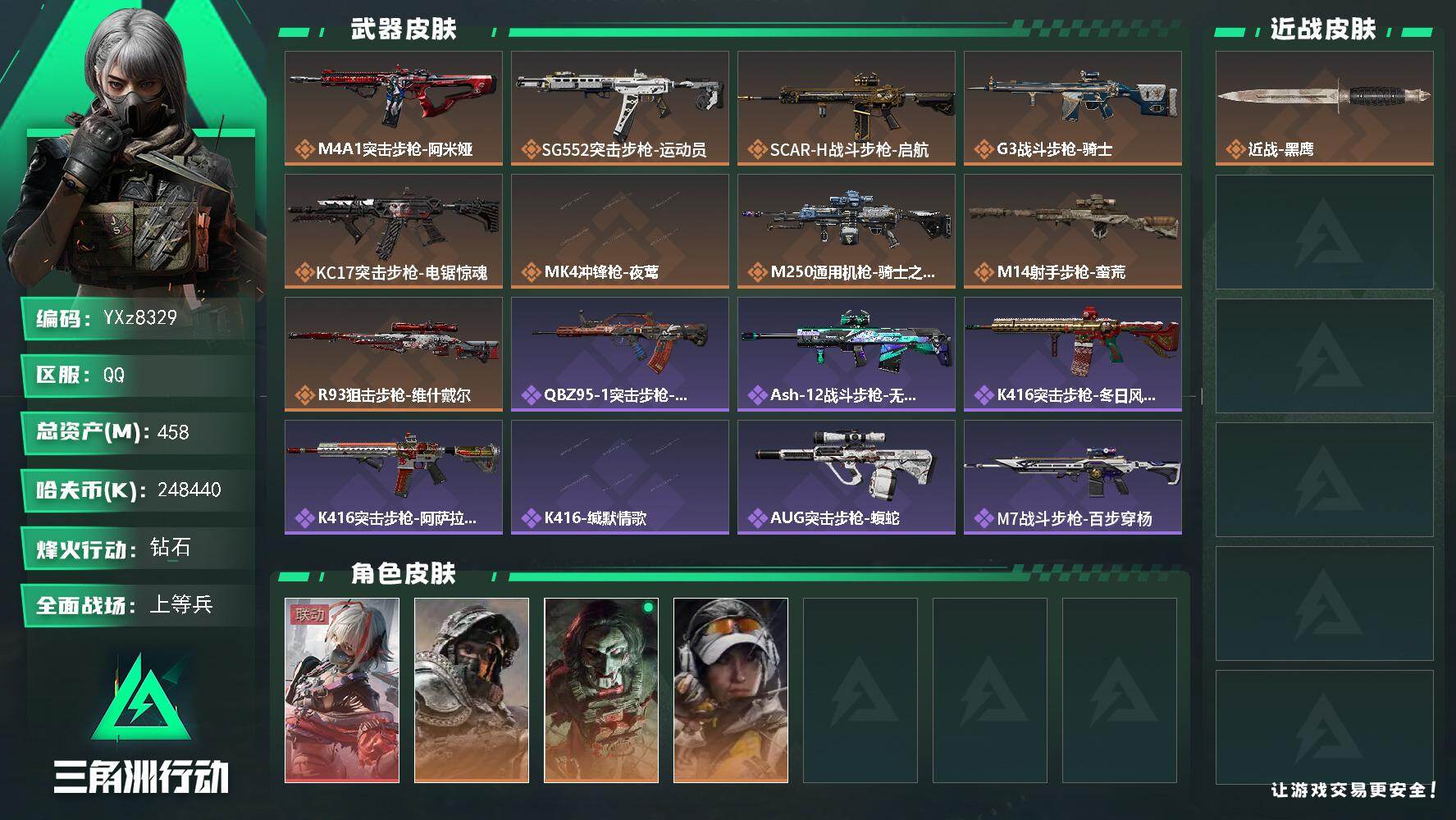 三角洲行动账号QQ【高额资产458m.纯现金248m.单红皮-维什戴尔】【Q区三端互通】【无二次】YXz8329-特勤