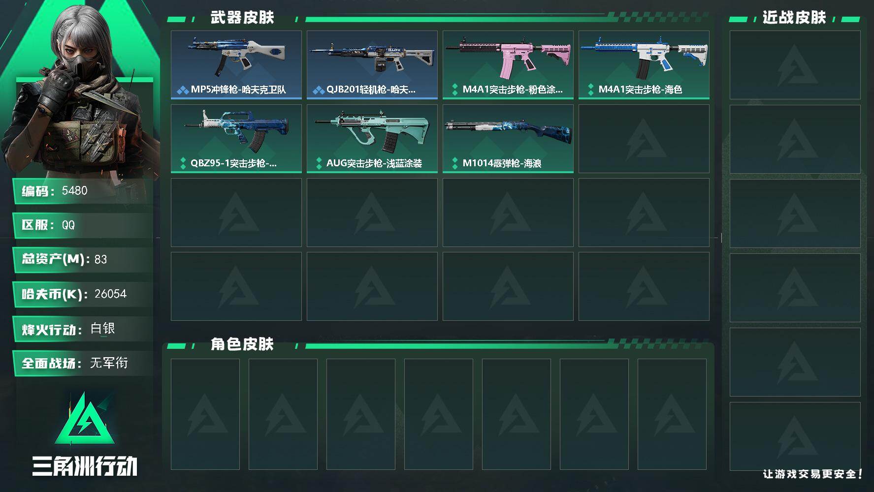 三角洲行动账号QQ总资产(M)：83M/哈夫币(K)：26054K/哈夫币(K)：26054K/全面战场等级：1_段位