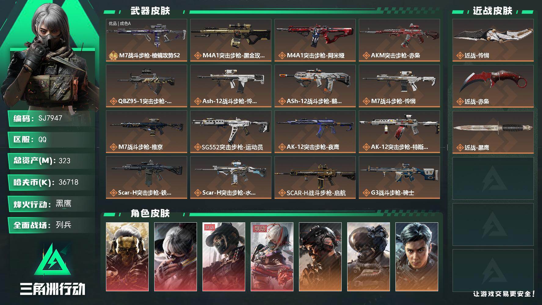 三角洲行动账号QQ【SJ7947】总资产(M)：323M/哈夫币(K)：36718K/哈夫币(K)：36718K/传说