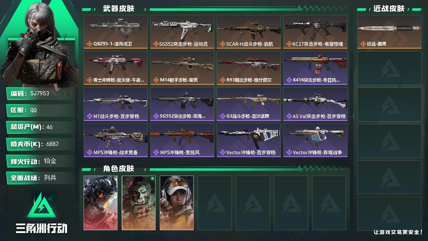 三角洲行动账号QQ【SJ7953】总资产(M)：46M/哈夫币(K)：6882K/哈夫币(K)：6882K/传说枪皮数：7/全面战场等级：14_段位：列兵/烽火地带等级：58_段位：铂金/威龙-凌霄戍卫/红狼-电锯惊