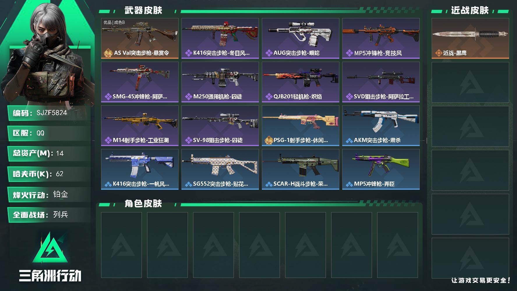 三角洲行动账号QQ【SJZF5824】总资产(M)：14M/哈夫币(K)：62K/哈夫币(K)：62K/传说枪皮数：1