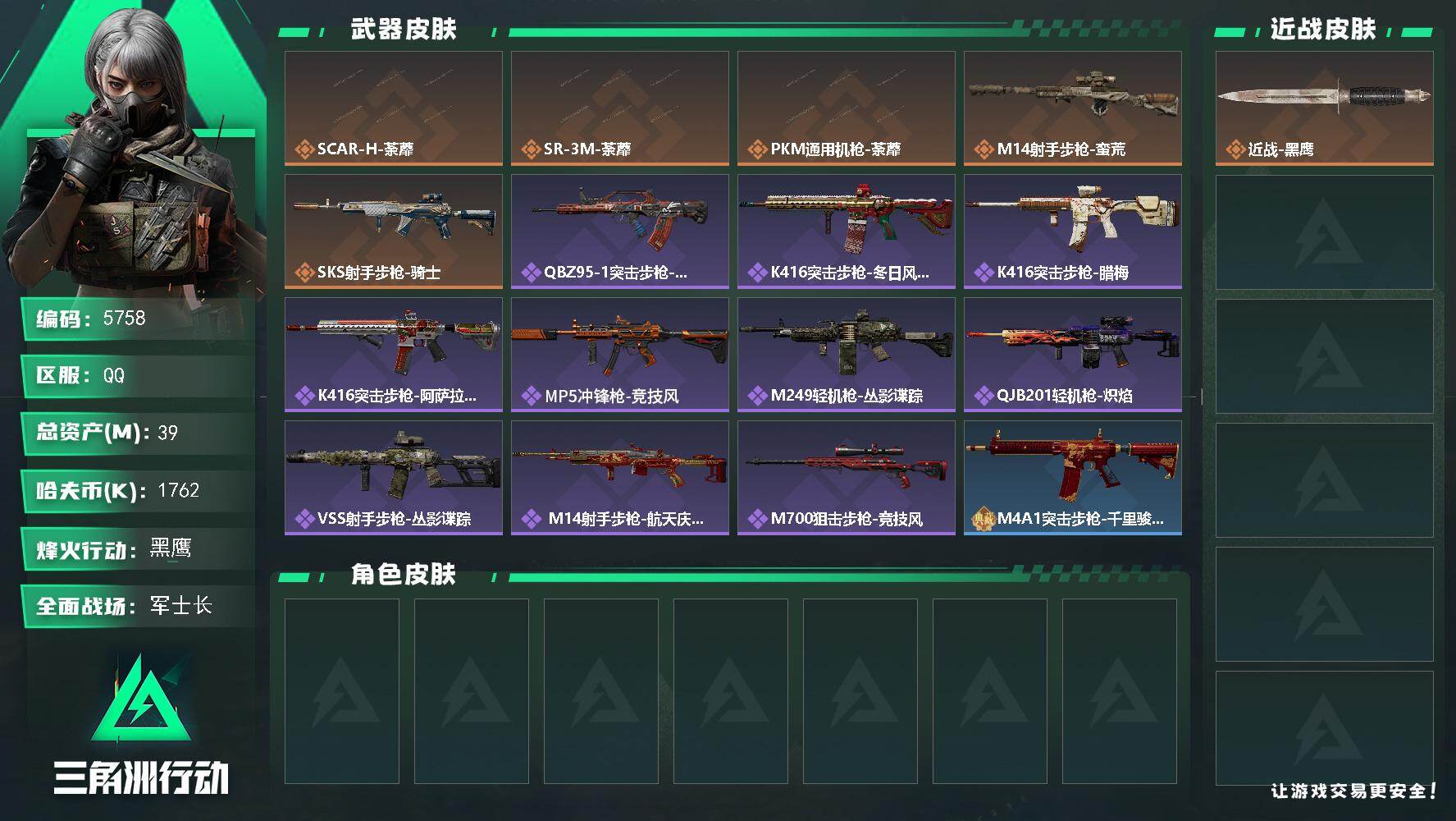 三角洲行动账号QQ总资产(M)：39M/哈夫币(K)：1762K/哈夫币(K)：1762K/传说枪皮数：5/全面战场等