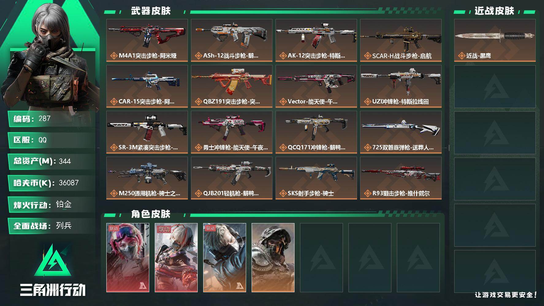 三角洲行动账号QQ【LX88850】344m总资产-36087k哈伏币-60烽火等级-铂金
【干员外观】：蛊-能天使午