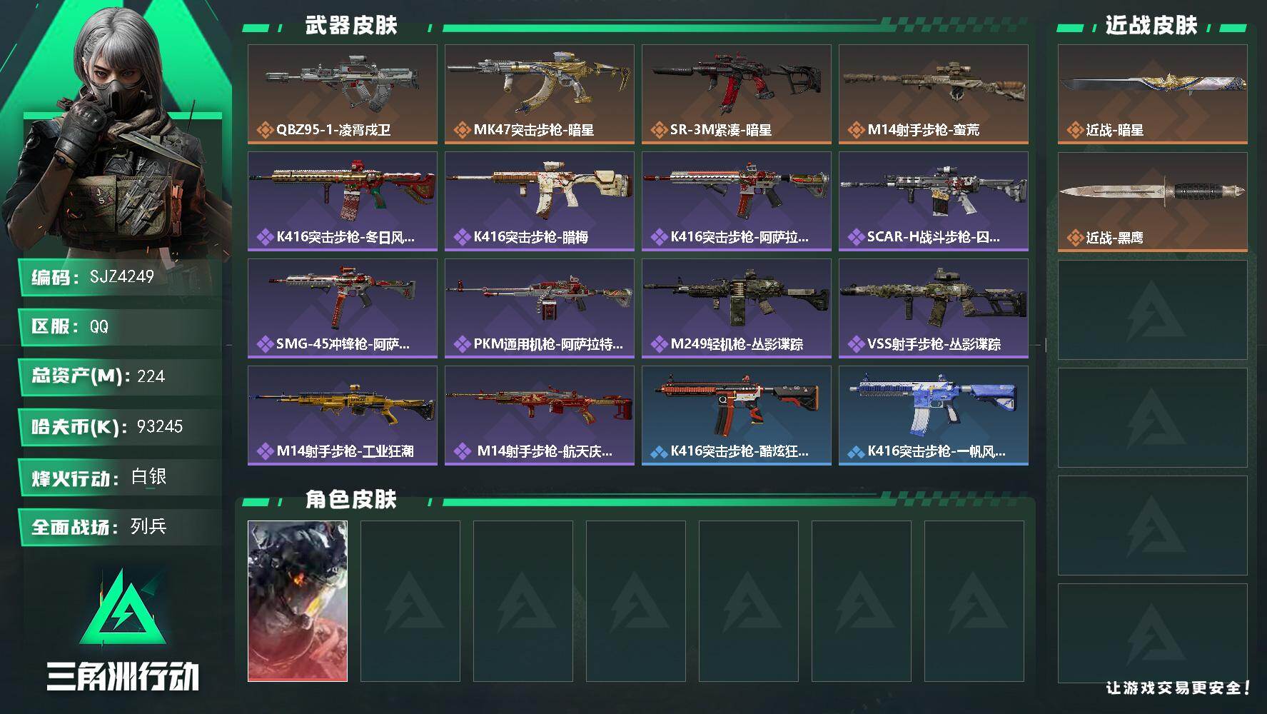 三角洲行动账号QQ【SJZ4249】总资产(M)：224M/哈夫币(K)：93245K/哈夫币(K)：93245K/传说枪皮数：4/全面战场等级：6_段位：列兵/烽火地带等级：58_段位：白银/威龙-凌霄戍卫/近战-