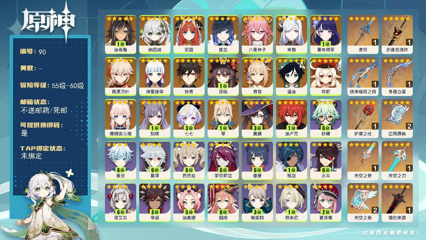 原神账号官服 天空岛【金色角色】：迪希雅(1命)，纳西妲(0命)，妮露(0命)，夜兰(0命)，八重神子(0命)，申鹤(0命)，珊瑚宫心海(0命)，雷电将军(1命)，宵宫(0命)，神里绫华(0命)，枫原万叶(0命)，胡桃