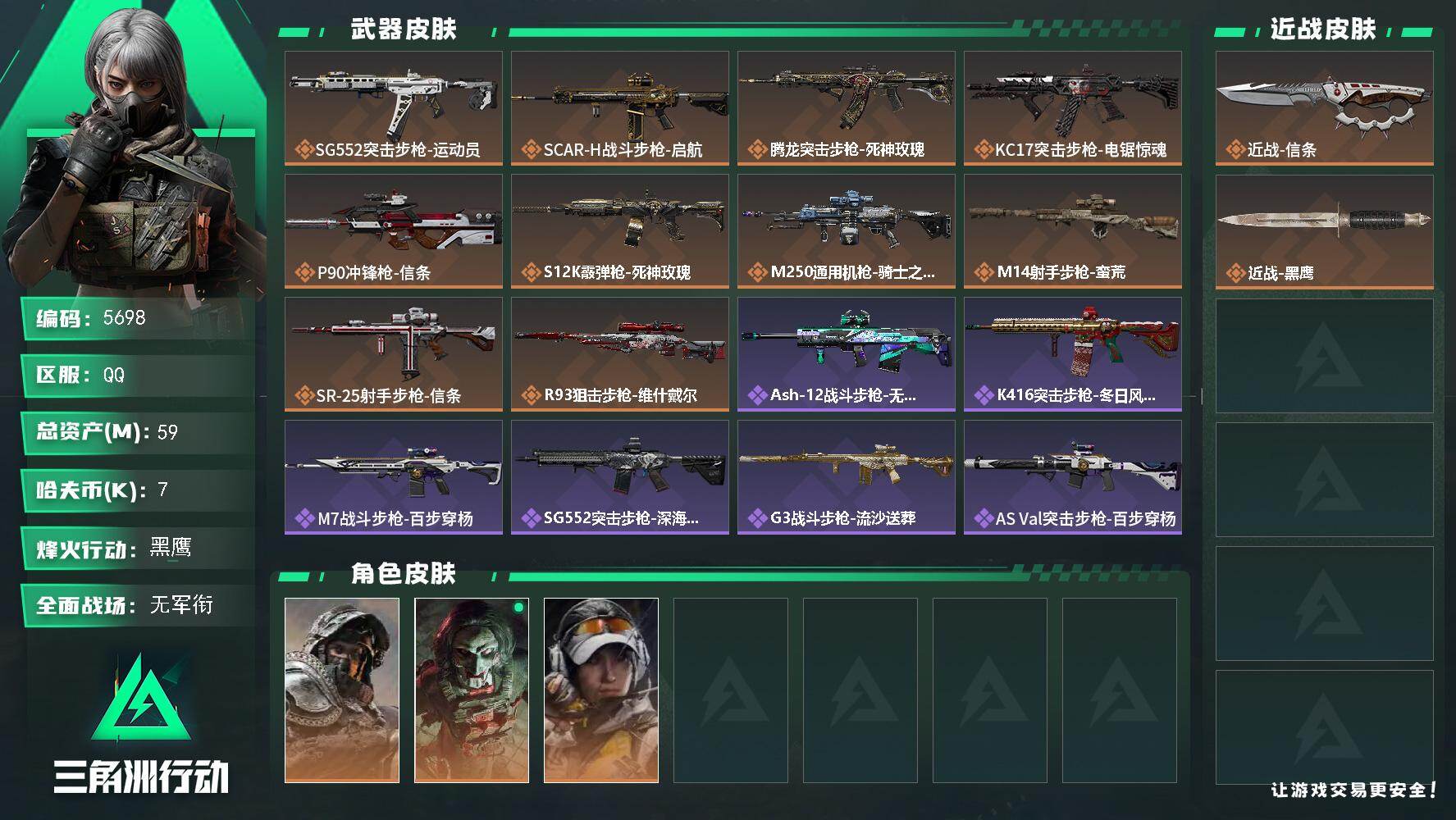 三角洲行动账号QQ总资产(M)：59M/哈夫币(K)：7K/哈夫币(K)：7K/传说枪皮数：10/全面战场等级：1_段