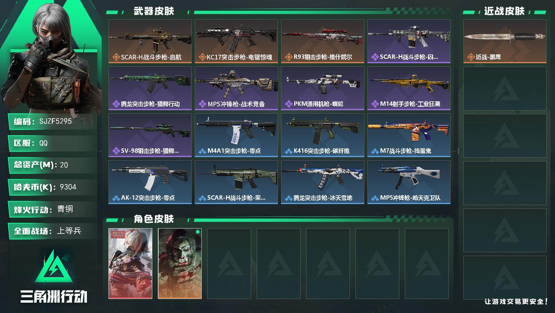 【SJZF5295】总资产(M)：20M/哈夫币(K)：9304K/哈夫币(K)：9304K/传说枪皮数：3/全面战场等级：17_段位：上等兵/烽火地带等级：55_段位：青铜/骇爪-维什戴尔/红狼-