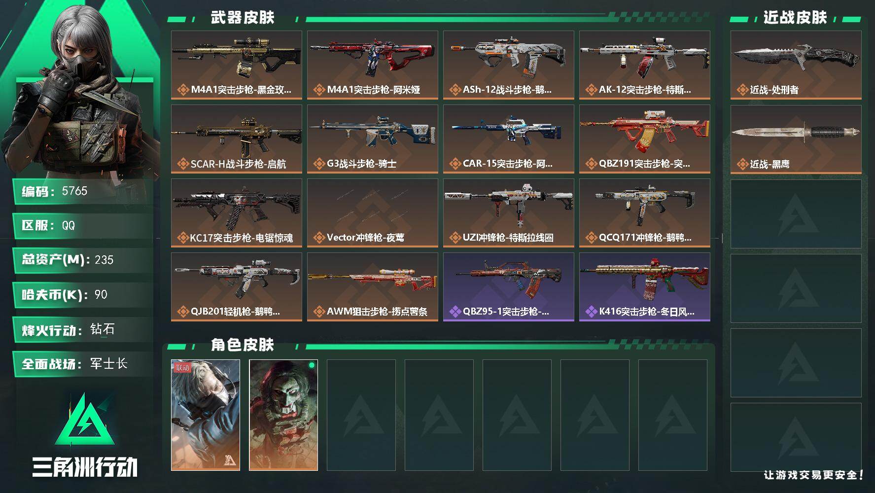 三角洲行动账号QQ总资产(M)：235M/哈夫币(K)：90K/哈夫币(K)：90K/全面战场等级：24_段位：军士长