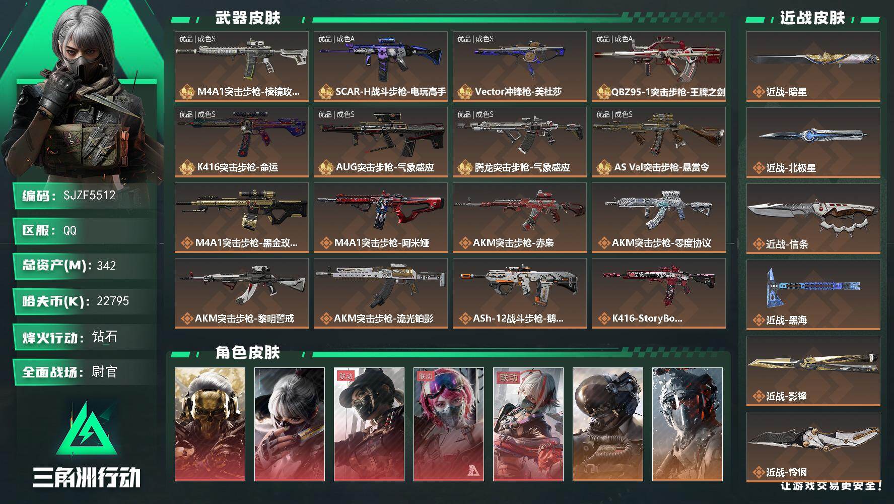 三角洲行动账号QQ【SJZF5512】总资产(M)：342M/哈夫币(K)：22795K/哈夫币(K)：22795K/