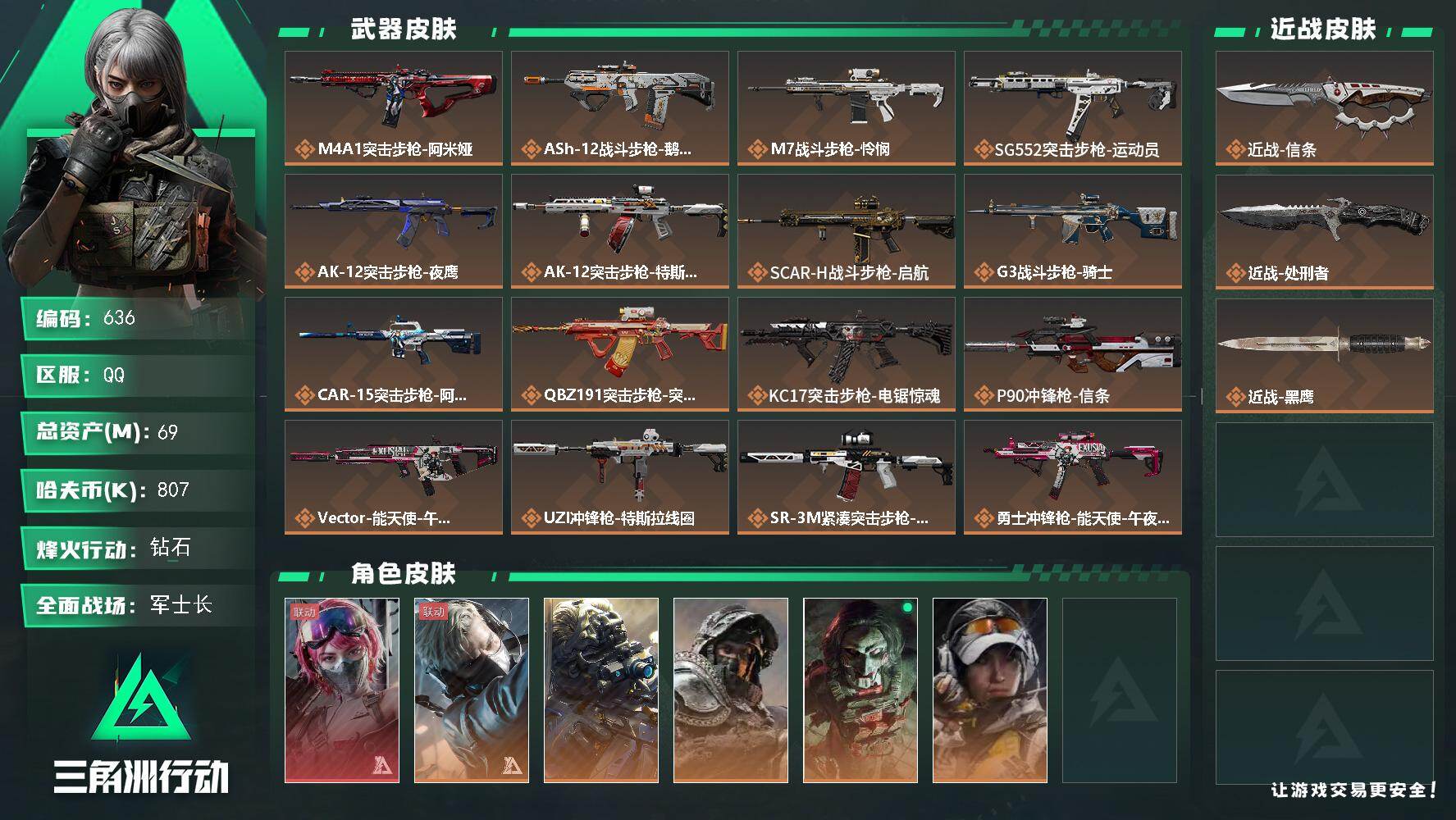 三角洲行动账号QQ【S8赛季6格】69m总资产-807k哈伏币-60烽火等级-钻石-50战场等级-军士长【仓库8级+指