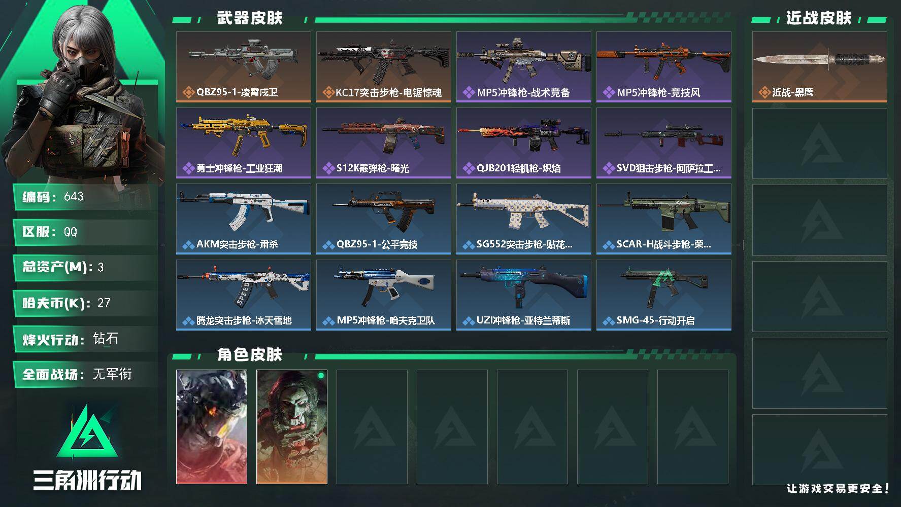 三角洲行动账号QQ3m总资产-27k哈伏币-56烽火等级-钻石-1战场等级-无军衔
【干员外观】：威龙-凌霄戍卫，红狼