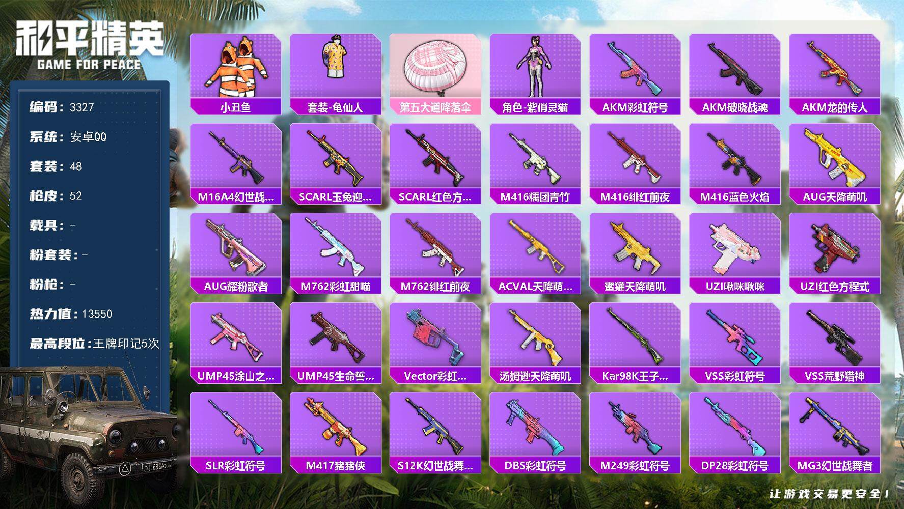 和平精英账号安卓QQ0载具-48套装-52枪皮-48套装/装备42/战备35/王牌印记5/热力值13550/小丑鱼/套装