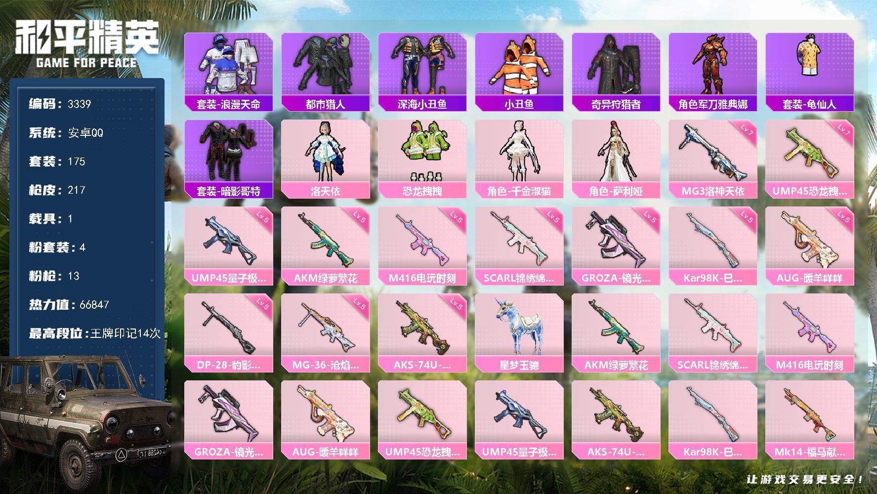 和平精英账号安卓QQ1载具-175套装-217枪皮-175套装/枪械13/装备263/载具1/战备168/王牌印记14/