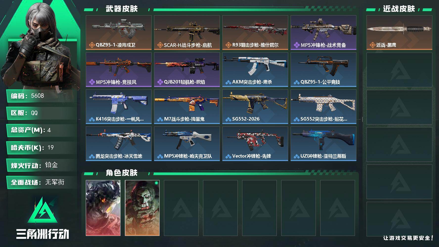 三角洲行动账号QQ总资产(M)：4M/哈夫币(K)：19K/哈夫币(K)：19K/传说枪皮数：3/全面战场等级：4_段