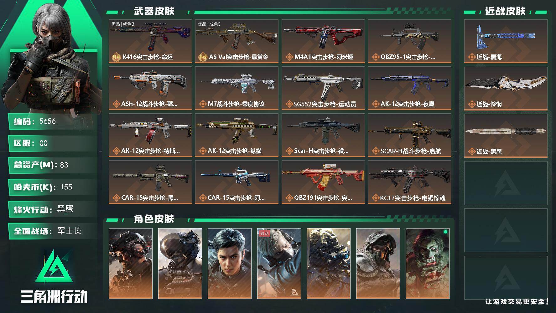 三角洲行动账号QQ总资产(M)：83M/哈夫币(K)：155K/哈夫币(K)：155K/传说枪皮数：36/全面战场等级