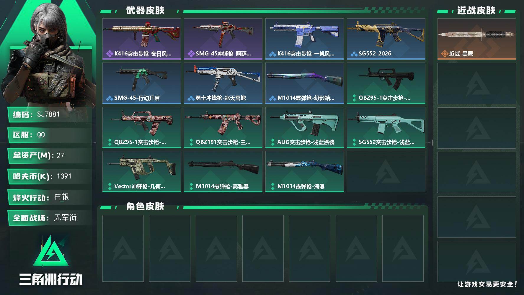 三角洲行动账号QQ【SJ7881】总资产(M)：27M/哈夫币(K)：1391K/哈夫币(K)：1391K/全面战场等级：1_段位：无段位/烽火地带等级：60_段位：白银/近战-黑鹰/K416突击步枪-冬日风情/SM