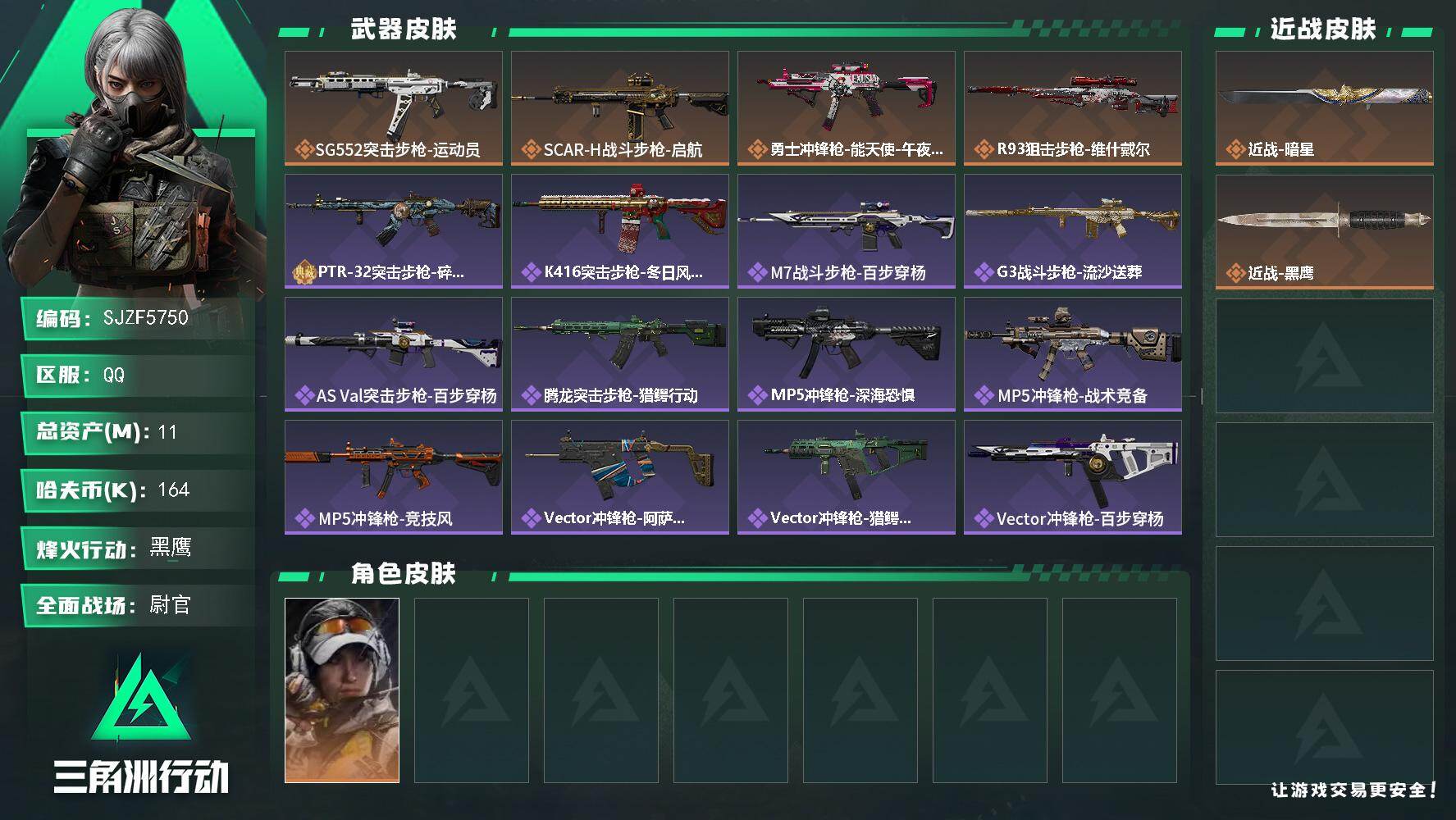三角洲行动账号QQ【SJZF5750】总资产(M)：11M/哈夫币(K)：164K/哈夫币(K)：164K/传说枪皮数：4/全面战场等级：45_段位：尉官/烽火地带等级：60_段位：黑鹰/露娜-金牌射手/近战-暗星/