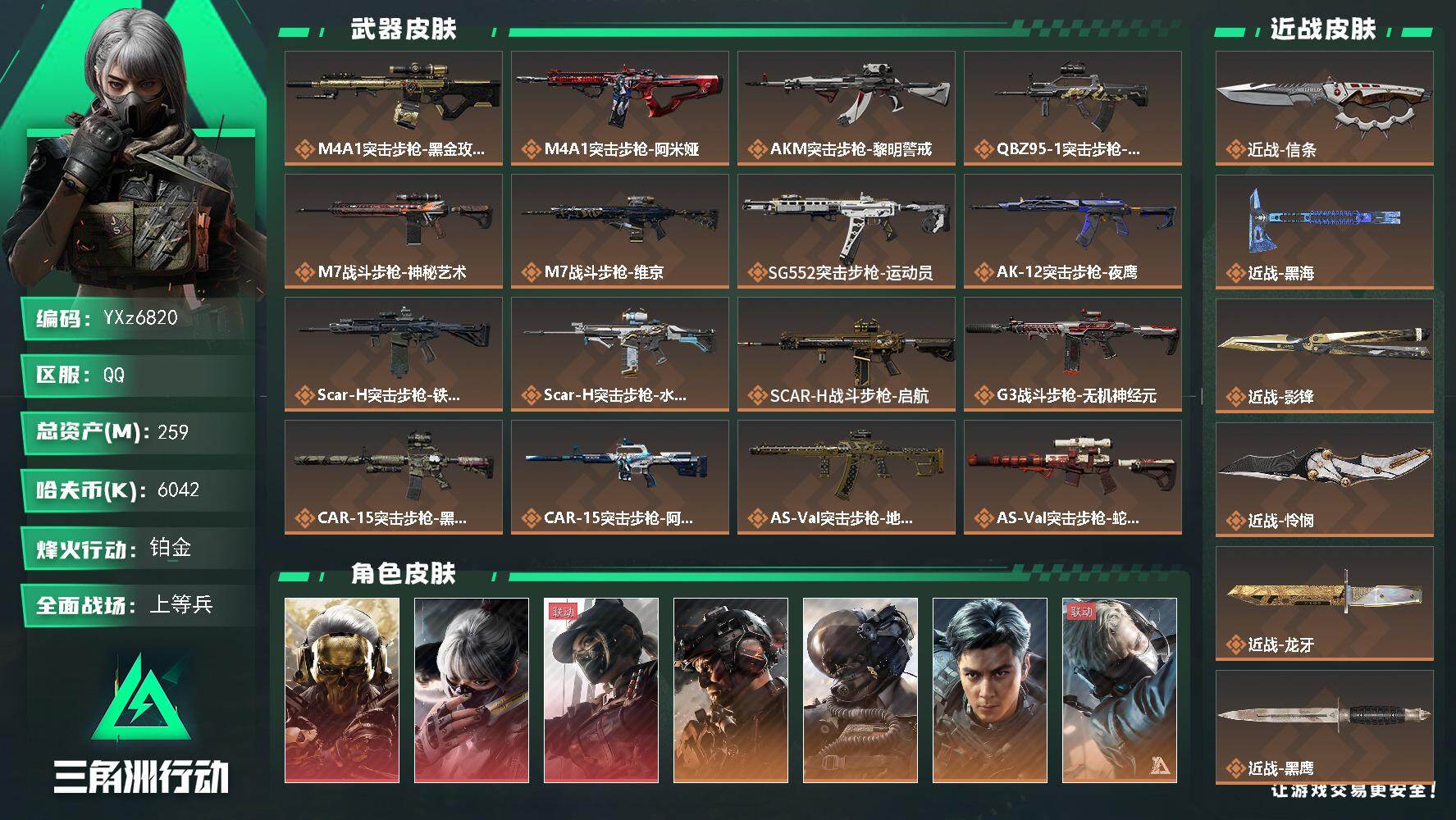 三角洲行动账号QQ【热门皮肤搭配组合：三红皮+五刀皮+威龙-铁面判官+飞虎+中额资产259M】【41000三角卷】【饰