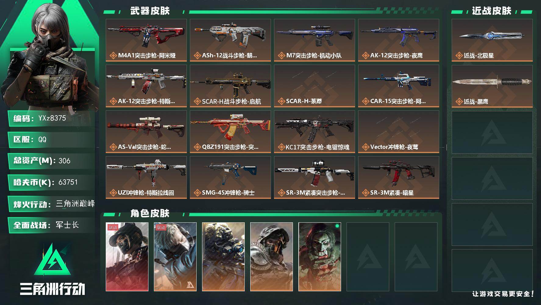 三角洲行动账号QQ【热门组合搭配,单红+北极星-黑天际线】【Q区三端互通】【无二次】YXz8375-特勤处：仓库8级/