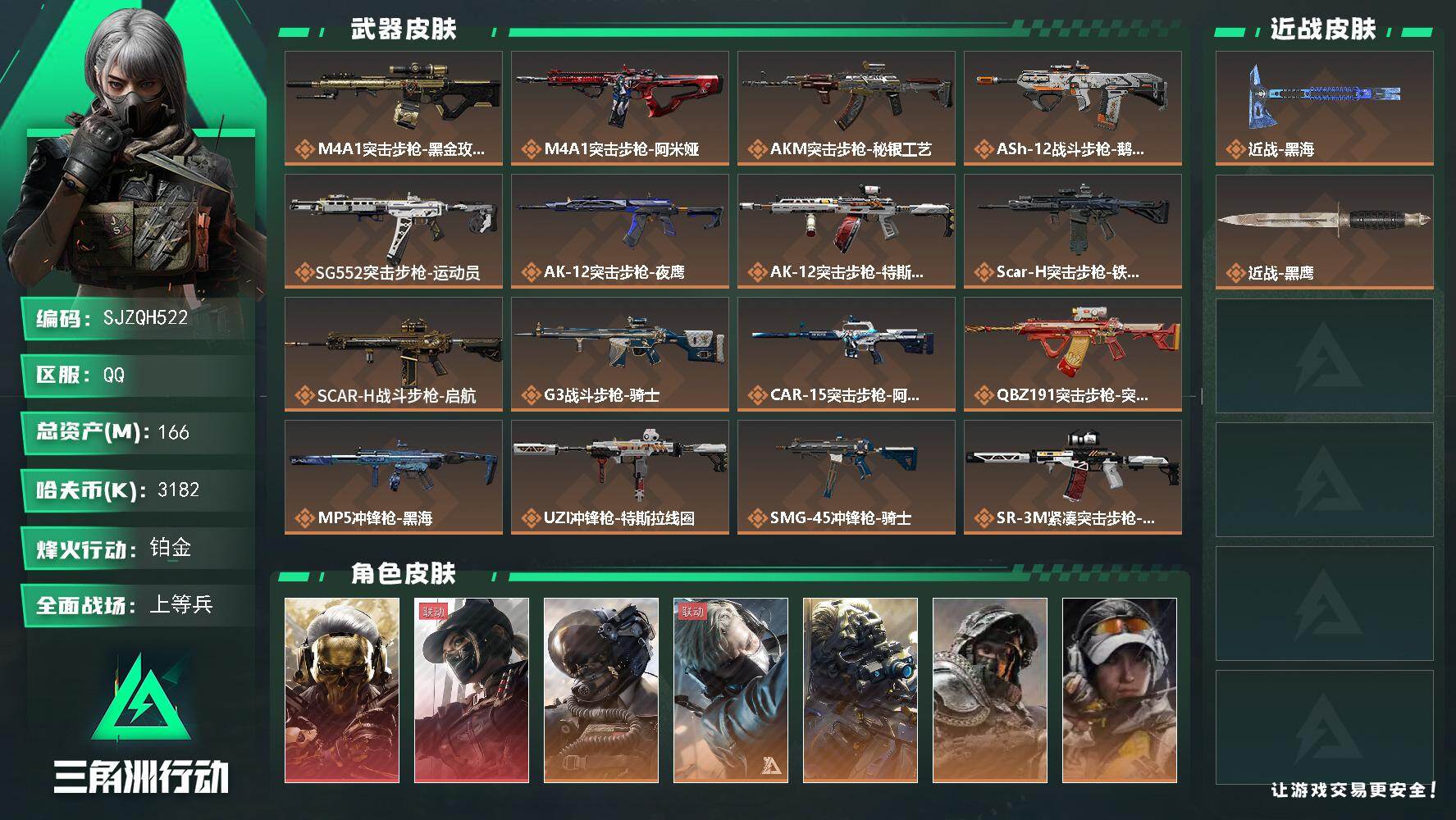 三角洲行动账号QQ【SJZQH522】总资产(M)：166M/哈夫币(K)：3182K/哈夫币(K)：3182K/传说