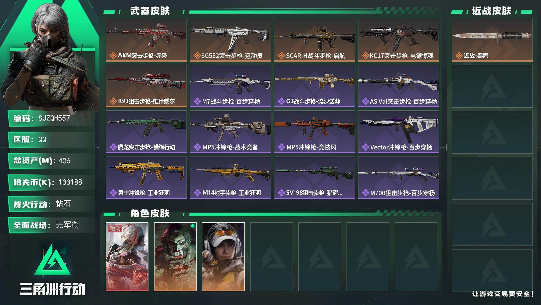 三角洲行动账号QQ【SJZQH557】总资产(M)：406M/哈夫币(K)：133188K/哈夫币(K)：133188