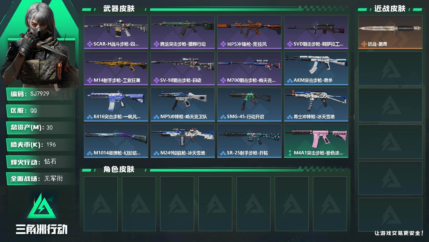 三角洲行动账号QQ【SJ7929】总资产(M)：30M/哈夫币(K)：196K/哈夫币(K)：196K/全面战场等级：1_段位：无段位/烽火地带等级：60_段位：钻石/近战-黑鹰/SCAR-H战斗步枪-囚徒/腾龙突击