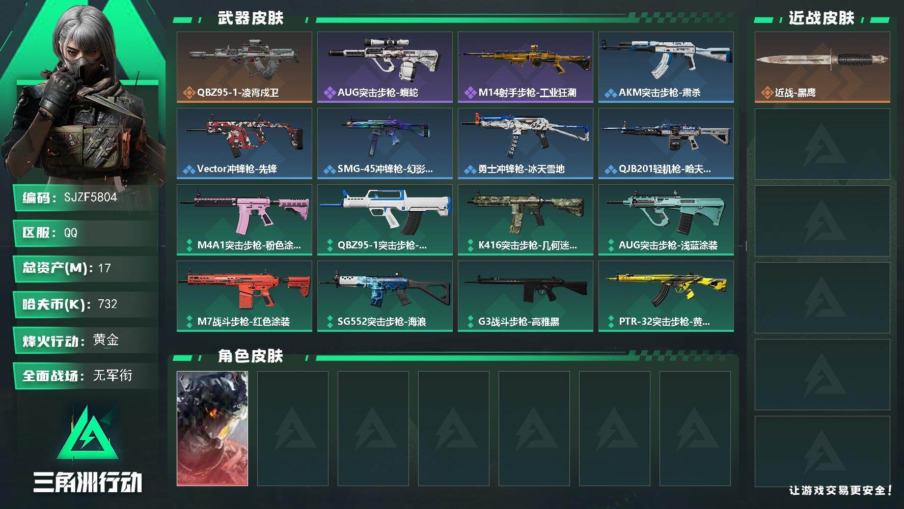 三角洲行动账号QQ【SJZF5804】总资产(M)：17M/哈夫币(K)：732K/哈夫币(K)：732K/传说枪皮数：1/全面战场等级：1_段位：无段位/烽火地带等级：34_段位：黄金/威龙-凌霄戍卫/近战-黑鹰/