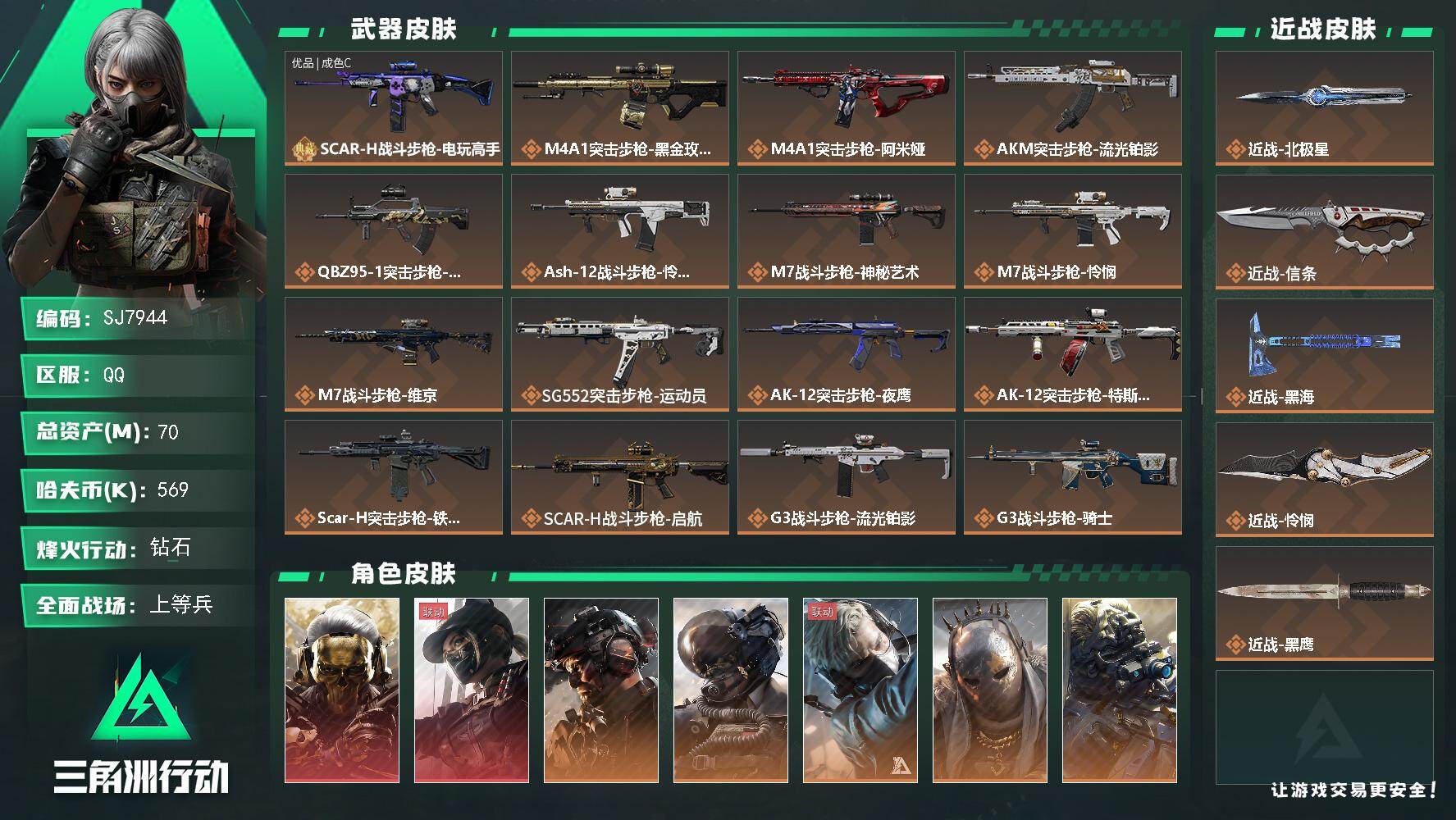 三角洲行动账号QQ【SJ7944】总资产(M)：70M/哈夫币(K)：569K/哈夫币(K)：569K/传说枪皮数：4