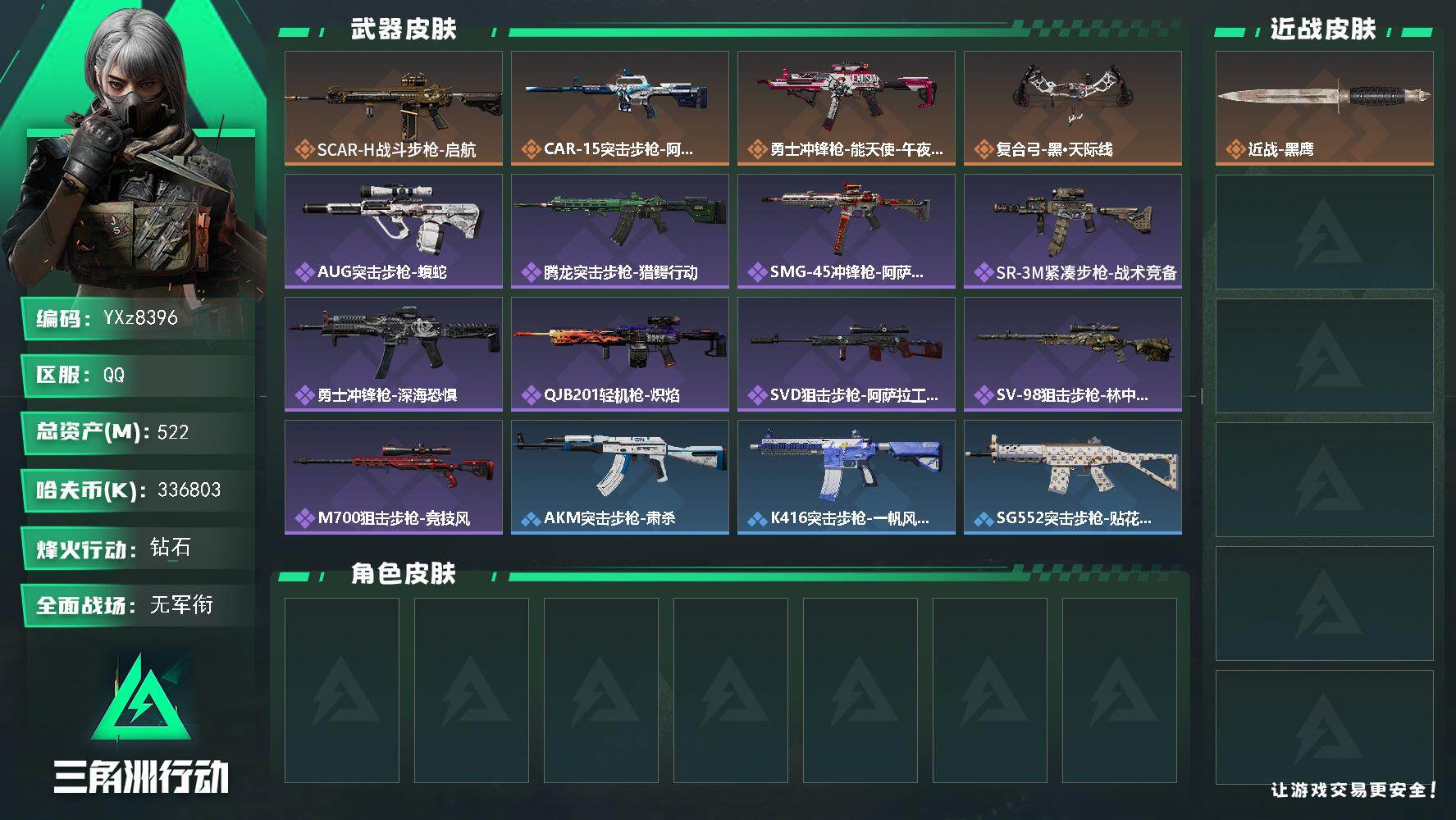 三角洲行动账号QQ【高额资产522M，纯现金336M，高特勤，猛攻必备】【Q区三端互通】【无二次】YXz8396-特勤