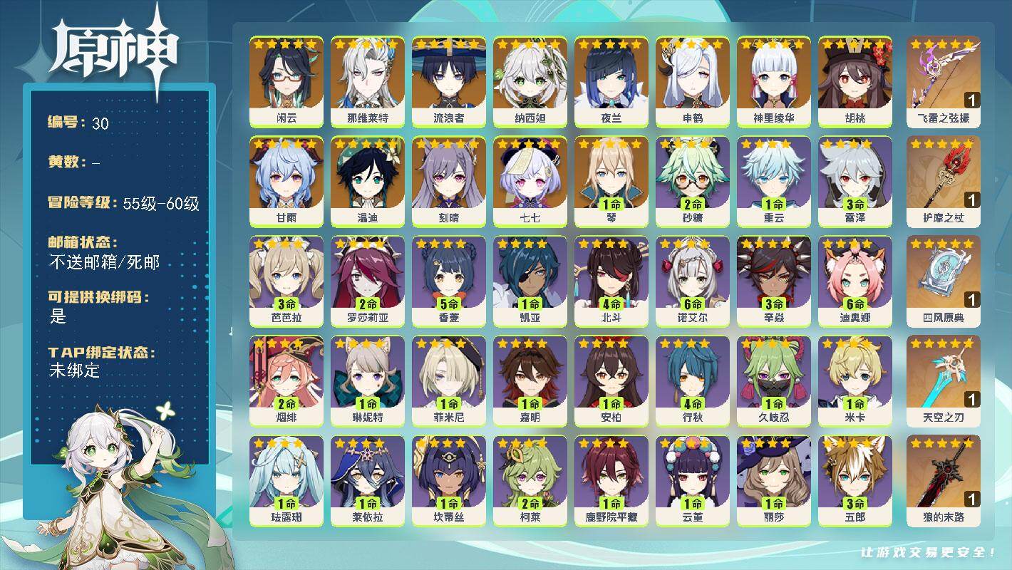 原神账号官服 天空岛【金色角色】：闲云(0命)，那维莱特(0命)，流浪者(0命)，纳西妲(0命)，夜兰(0命)，申鹤(0命)，神里绫华(0命)，胡桃(0命)，甘雨(0命)，温迪(0命)，琴(1命)，刻晴(0命)，七七(