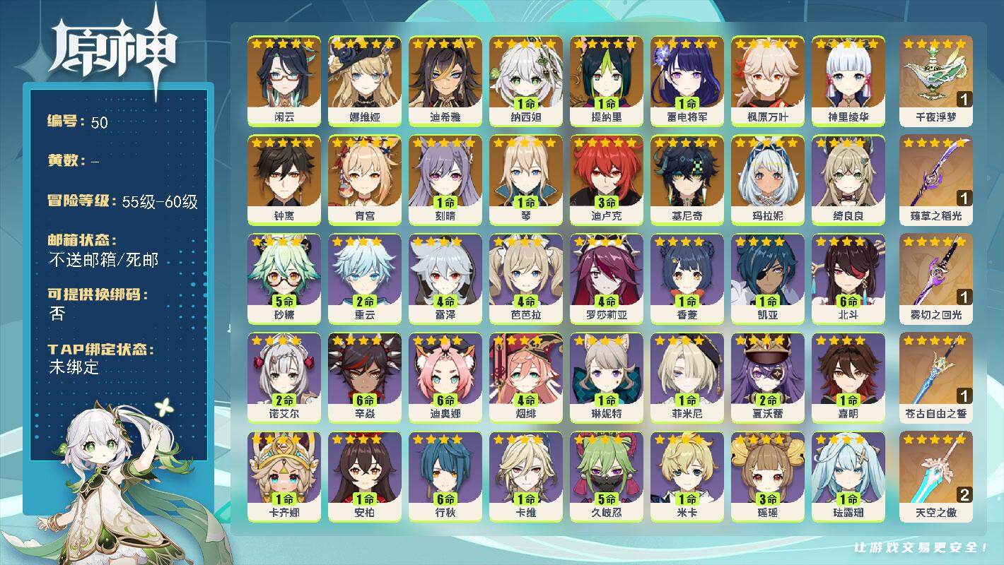 原神账号官服 天空岛【金色角色】：基尼奇(0命)，玛拉妮(0命)，闲云(0命)，娜维娅(0命)，迪希雅(0命)，纳西妲(1命)，提纳里(1命)，雷电将军(1命)，宵宫(0命)，神里绫华(0命)，枫原万叶(0命)，钟离(