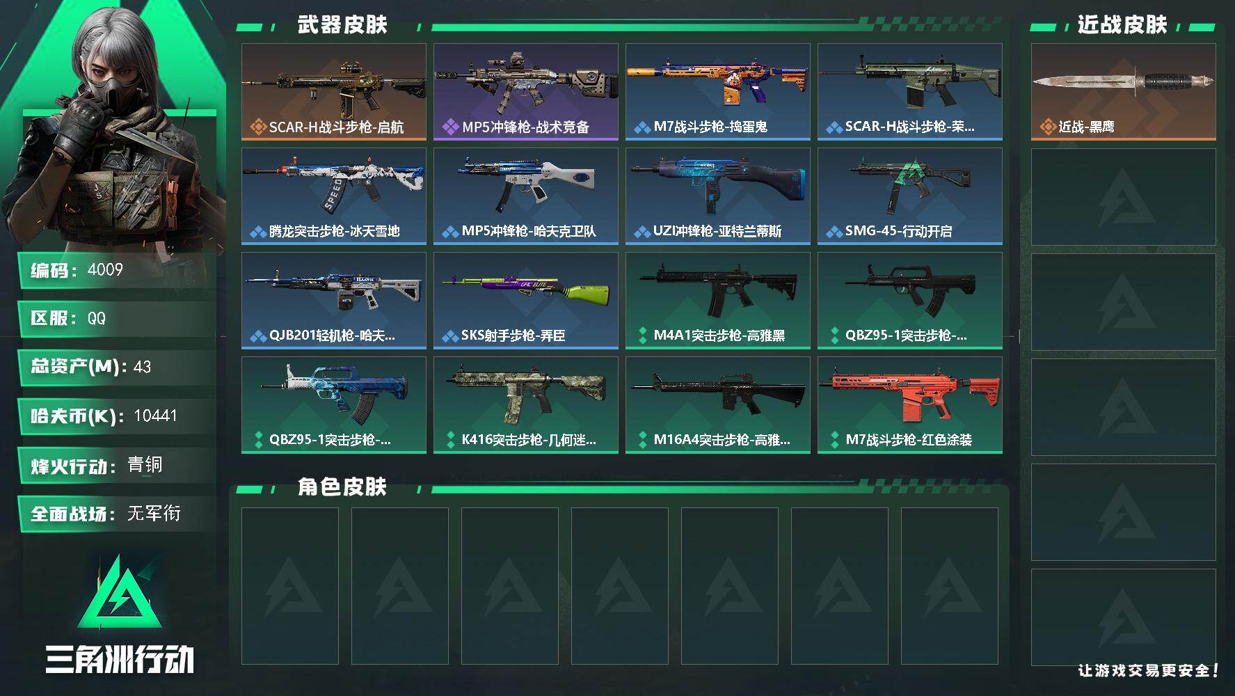三角洲行动账号QQ总资产(M)：43M/哈夫币(K)：10441K/哈夫币(K)：10441K/传说枪皮数：1/全面战