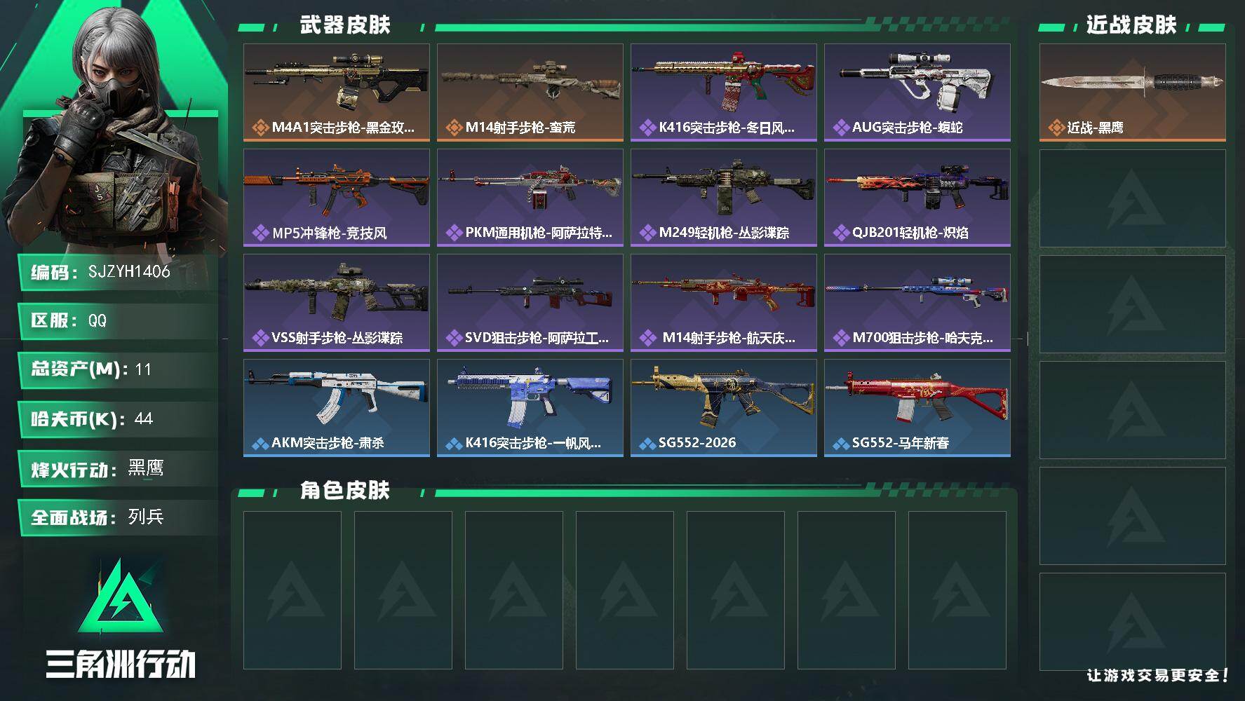 三角洲行动账号QQ【SJZYH1406】总资产(M)：11M/哈夫币(K)：44K/哈夫币(K)：44K/传说枪皮数：2/全面战场等级：7_段位：列兵/烽火地带等级：60_段位：黑鹰/近战-黑鹰/M4A1突击步枪-蚀