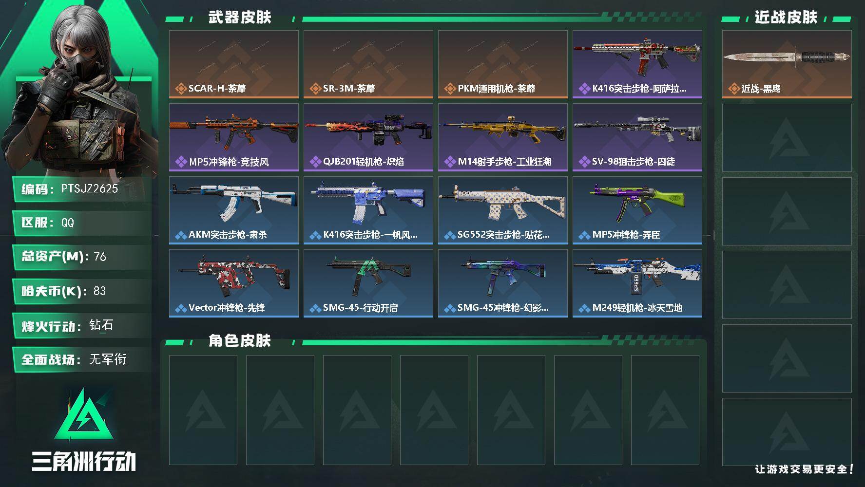三角洲行动账号QQ【PTSJZ2625】总资产(M)：76M/哈夫币(K)：83K/哈夫币(K)：83K/传说枪皮数：