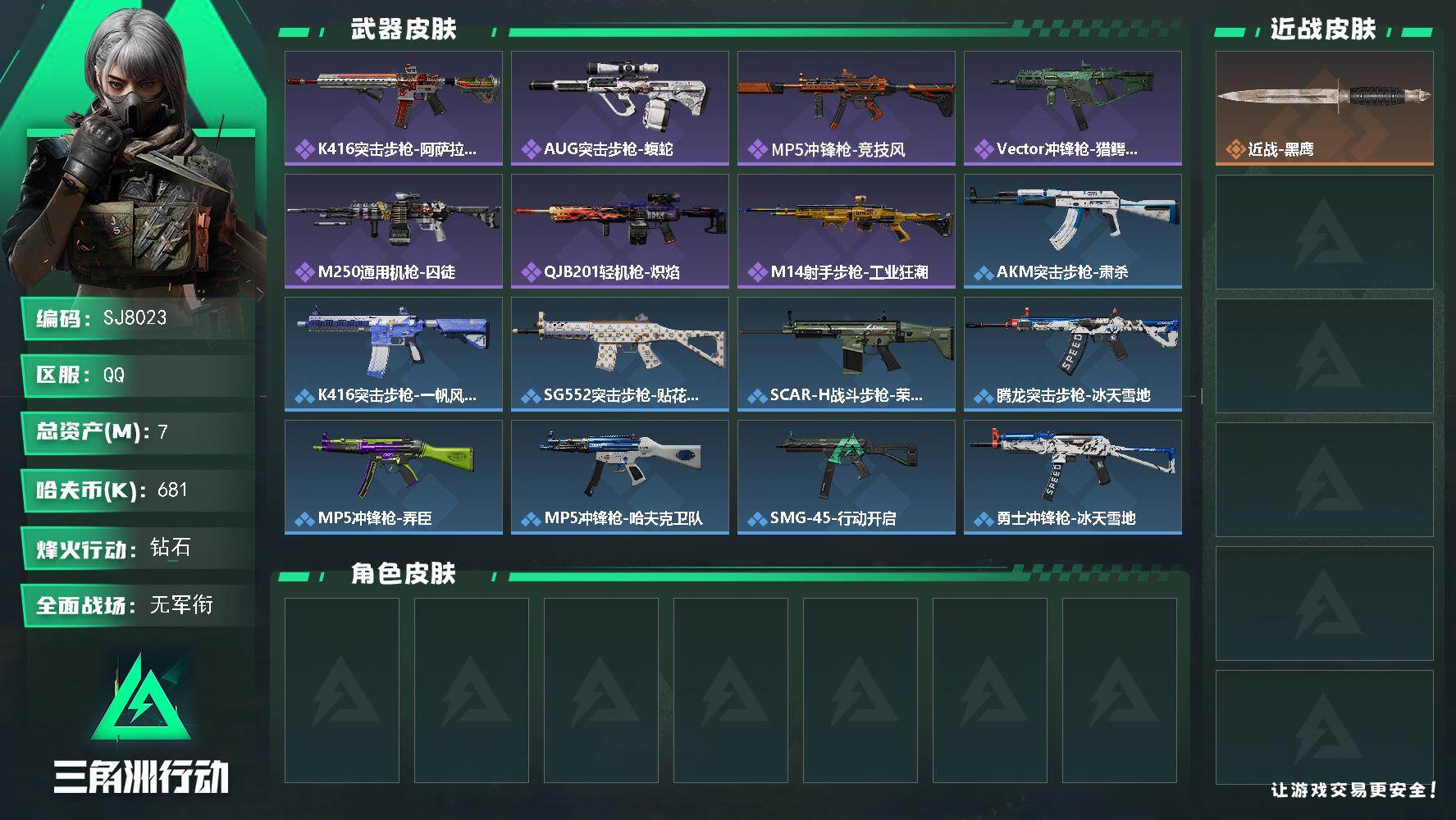 三角洲行动账号QQ【SJ8023】总资产(M)：7M/哈夫币(K)：681K/哈夫币(K)：681K/全面战场等级：1_段位：无段位/烽火地带等级：60_段位：钻石/近战-黑鹰/K416突击步枪-阿萨拉特攻/AUG突