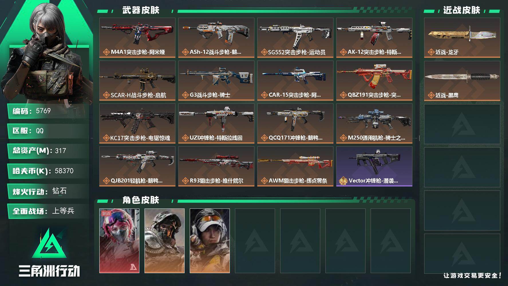 三角洲行动账号QQ总资产(M)：317M/哈夫币(K)：58370K/哈夫币(K)：58370K/全面战场等级：35_