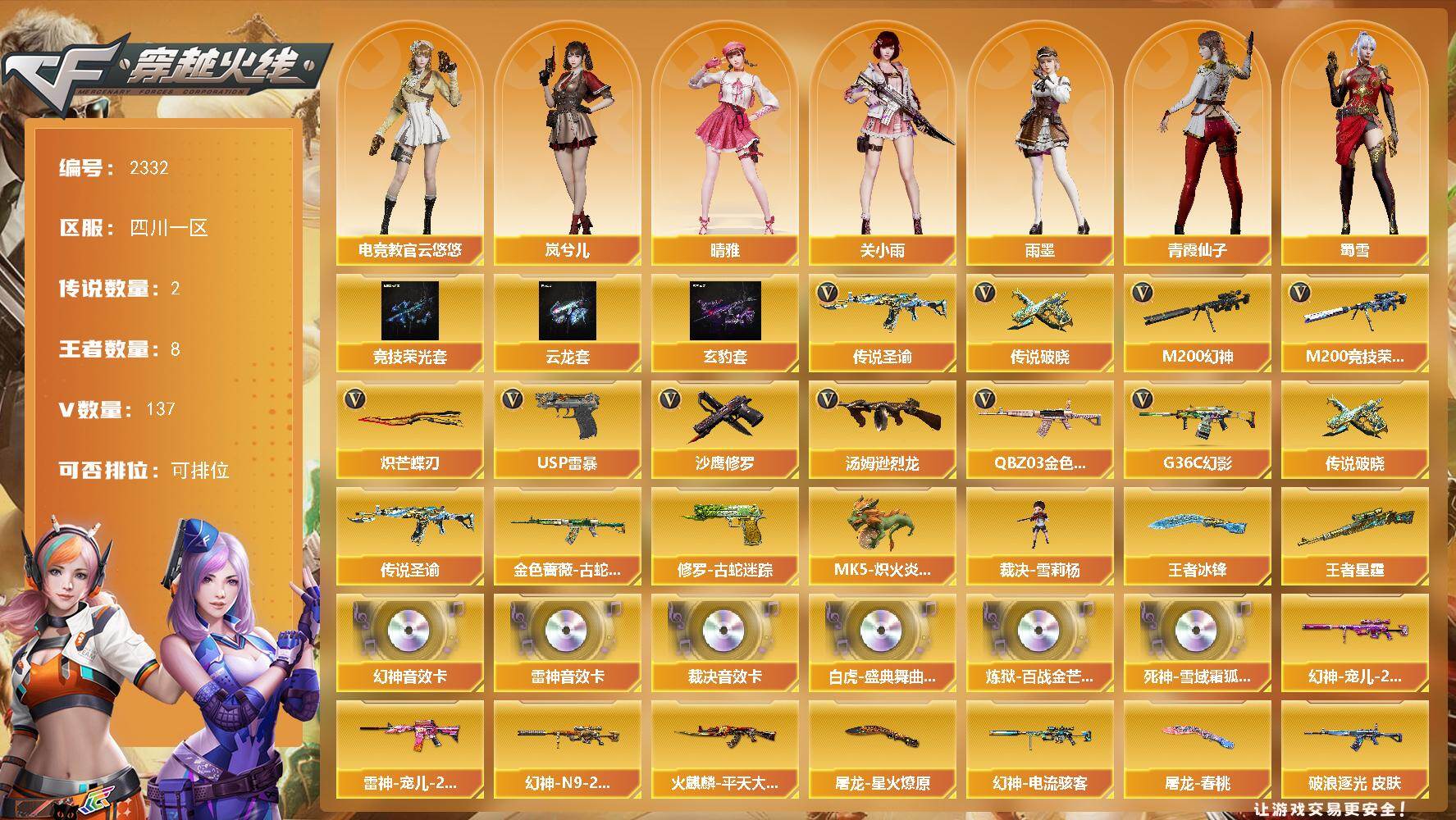 穿越火线账号西部战区四川一区-137V-8王者武器数-0炫金武器数
【传说武器】：传说圣谕，传说破晓
【热门武器】：传说