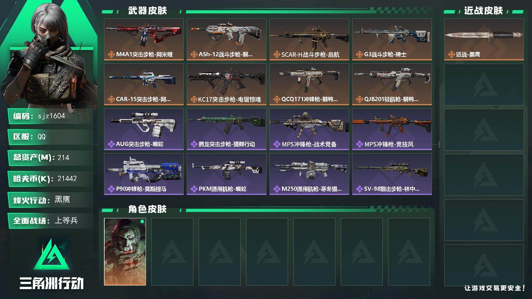 三角洲行动账号QQ总资产：214.6M, 哈夫币：21442K ;总资产(M)：214M/哈夫币(K)：21442K/