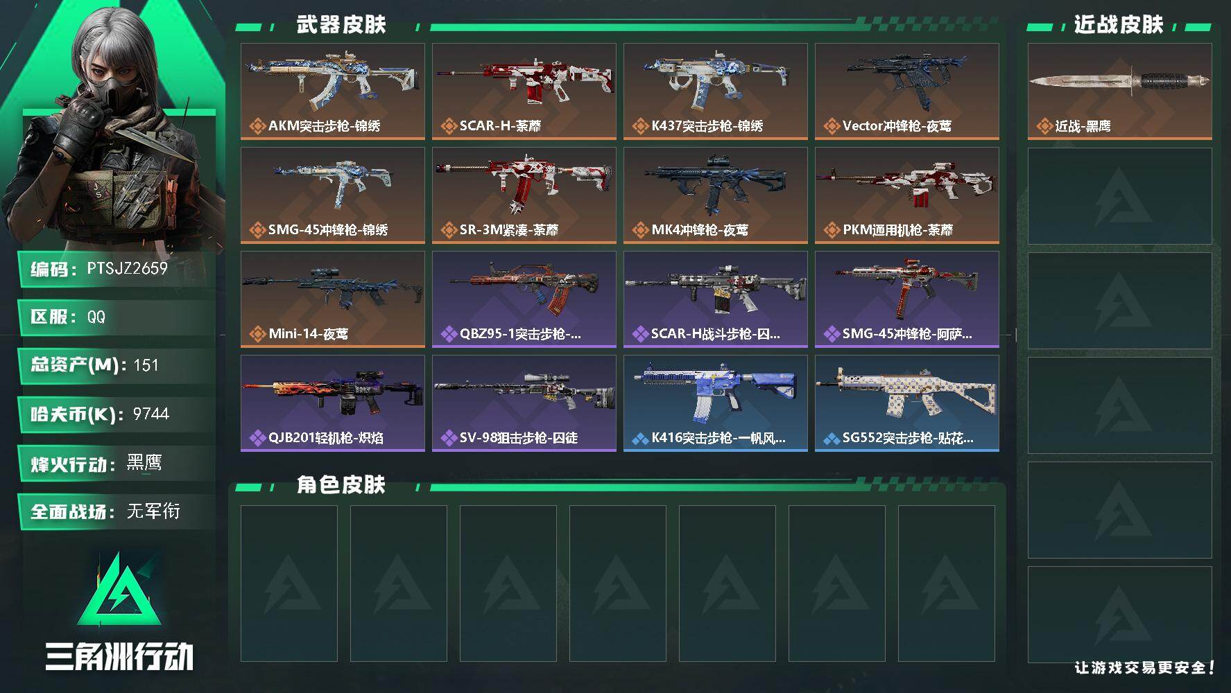 三角洲行动账号QQ【PTSJZ2659】总资产(M)：151M/哈夫币(K)：9744K/哈夫币(K)：9744K/传