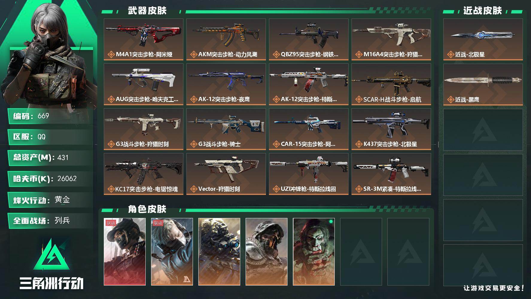 三角洲行动账号QQ431m总资产-26062k哈伏币-60烽火等级-黄金-37战场等级-列兵，，，非洲之心，，炫彩克小