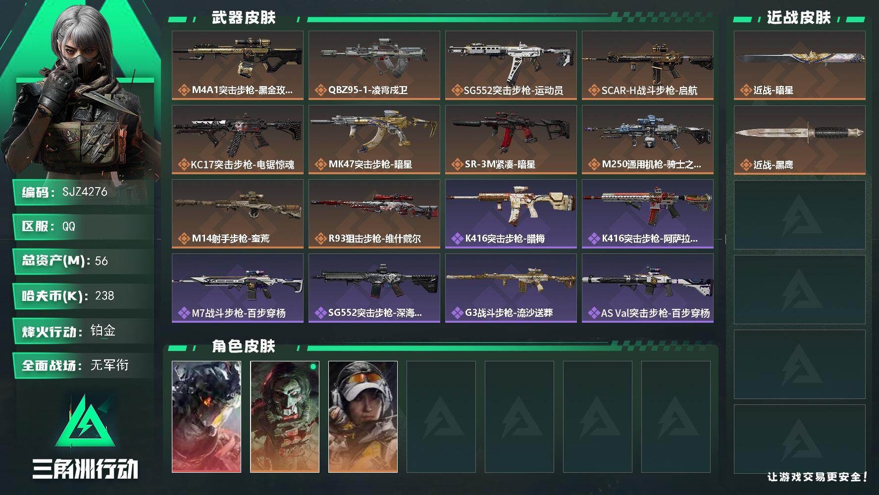三角洲行动账号QQ【SJZ4276】总资产(M)：56M/哈夫币(K)：238K/哈夫币(K)：238K/传说枪皮数：