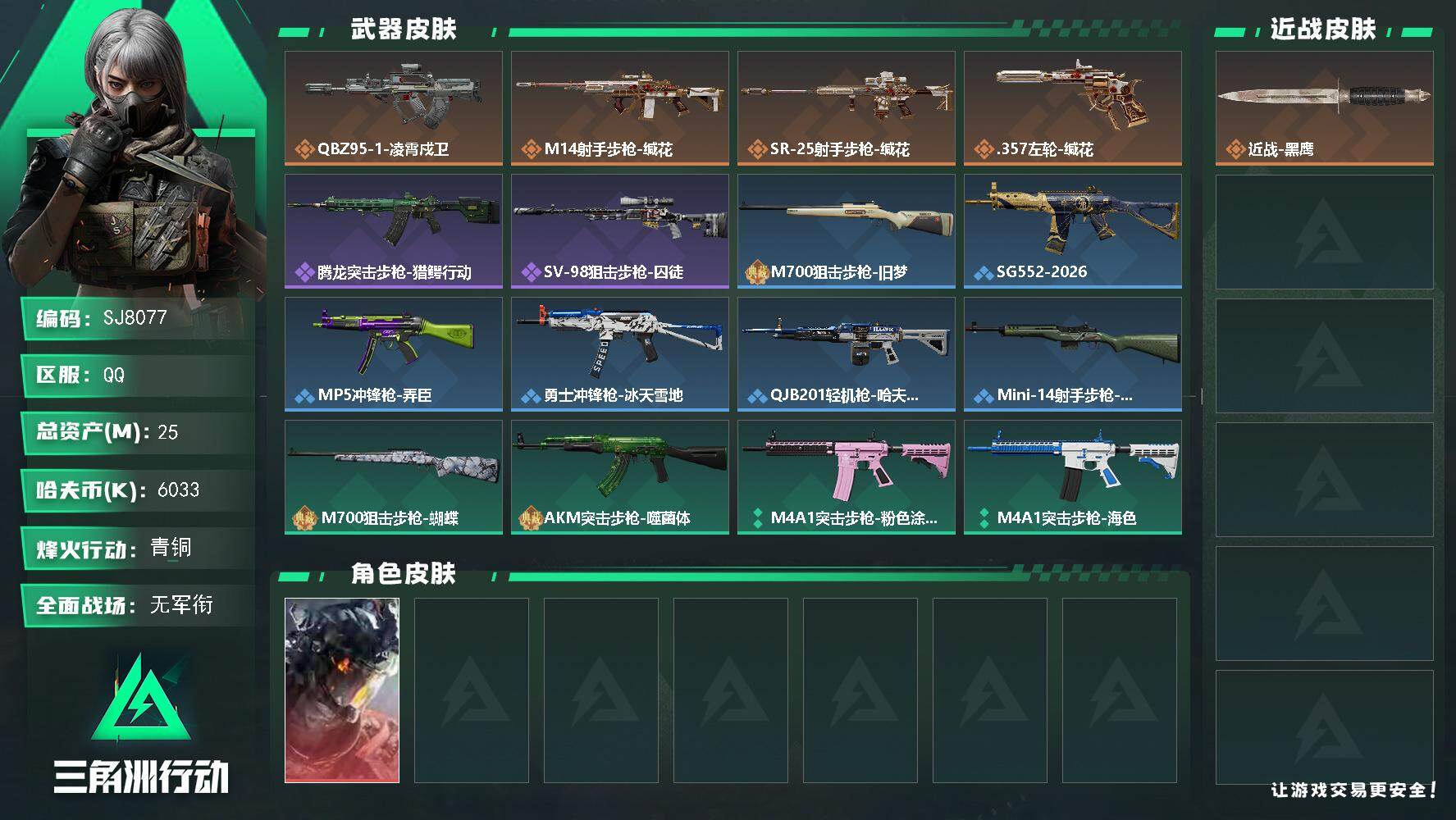 三角洲行动账号QQ【SJ8077】总资产(M)：25M/哈夫币(K)：6033K/哈夫币(K)：6033K/传说枪皮数