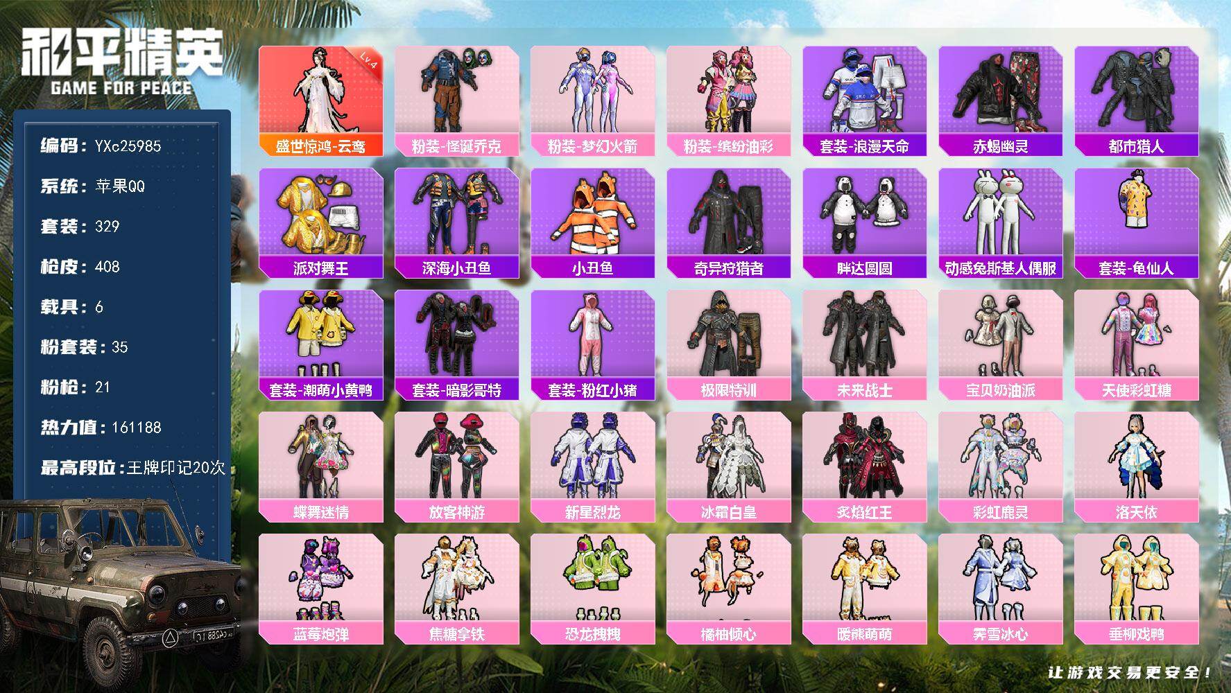 和平精英账号苹果QQ6载具-329套装-408枪皮-【素材号！4级云鸾 赤蝎 都市 金鞋 新101 怪诞 猪妹 放客 极