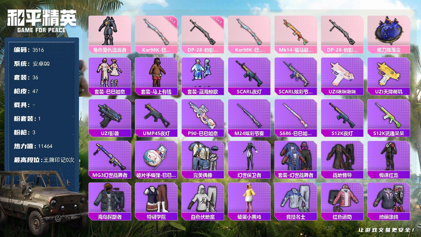 和平精英账号安卓QQ0载具-36套装-47枪皮-36套装/枪械3/装备45/战备28/热力值11464/五级Kar98K