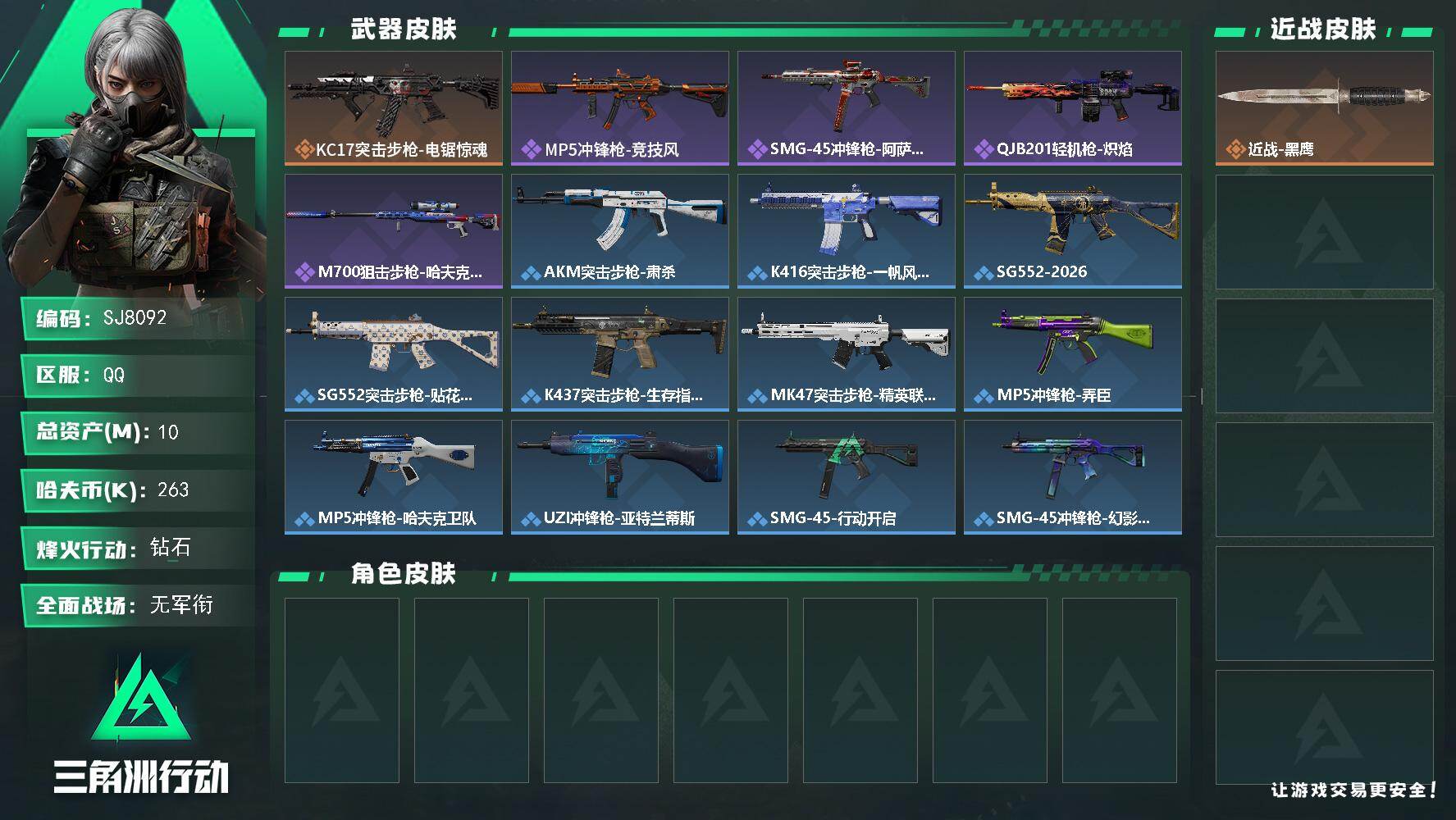 三角洲行动账号QQ【SJ8092】总资产(M)：10M/哈夫币(K)：263K/哈夫币(K)：263K/传说枪皮数：1/全面战场等级：1_段位：无段位/烽火地带等级：49_段位：钻石/近战-黑鹰/KC17突击步枪-电
