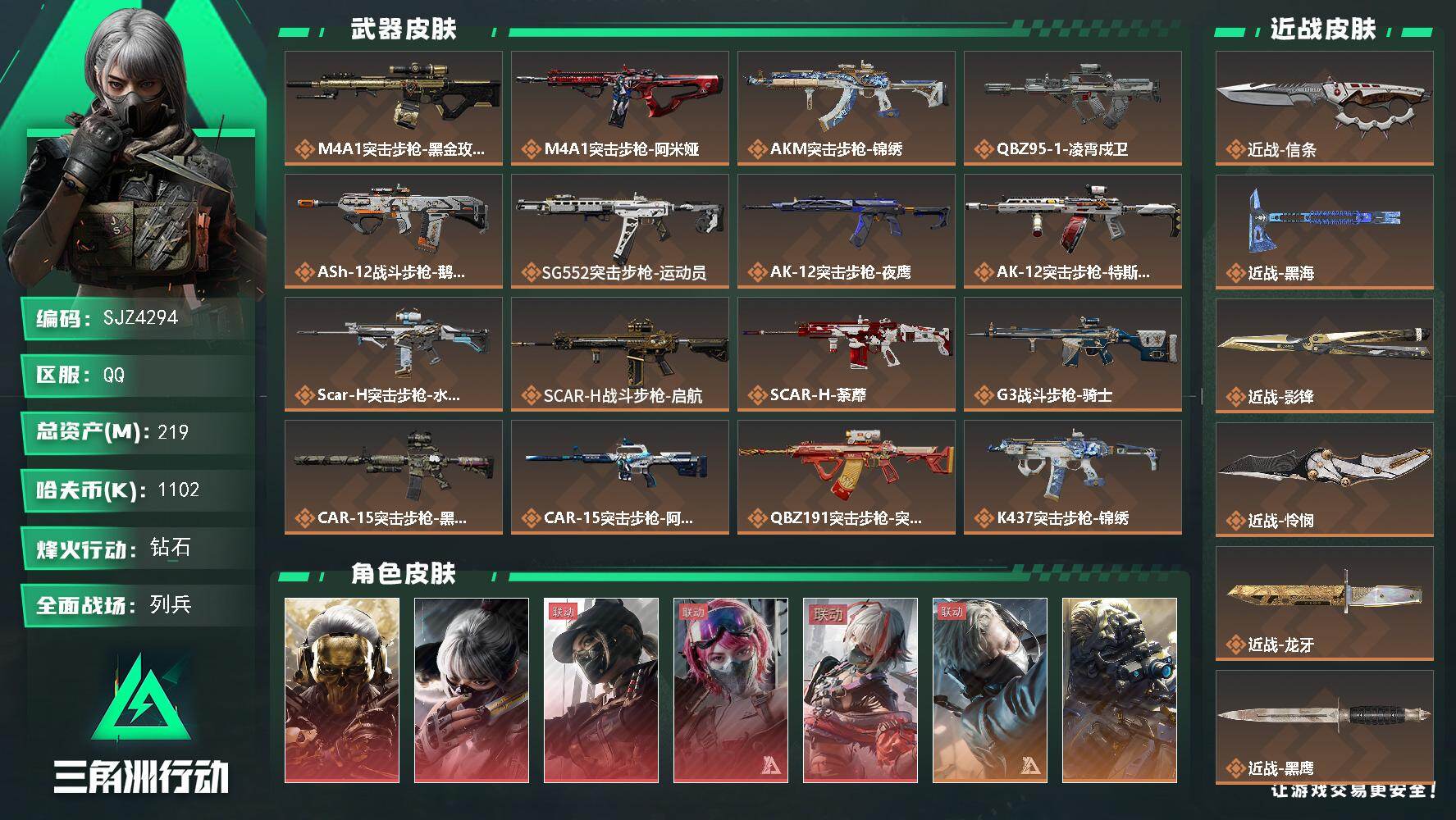 三角洲行动账号QQ【SJZ4294】总资产(M)：219M/哈夫币(K)：1102K/哈夫币(K)：1102K/传说枪