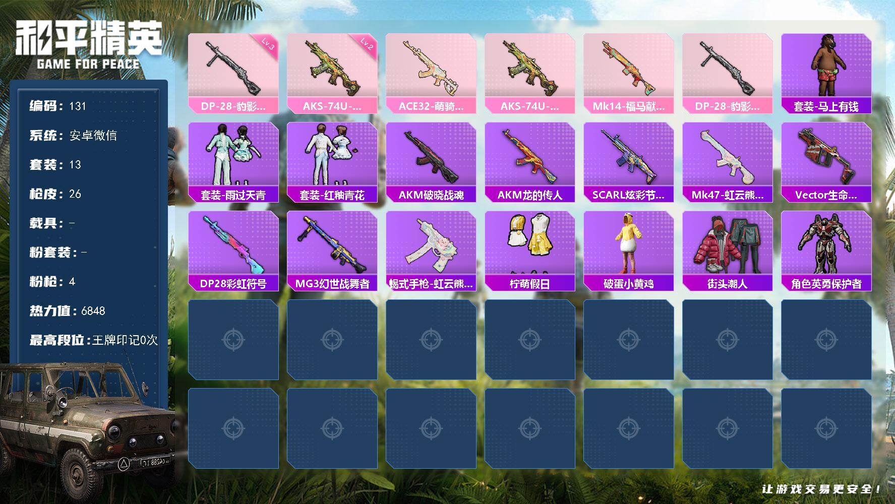 和平精英账号安卓微信HJ6541 可二 社交场景限制  4特效枪-AKS-74U-森灵之息(二级)，DP-28-豹影疾电