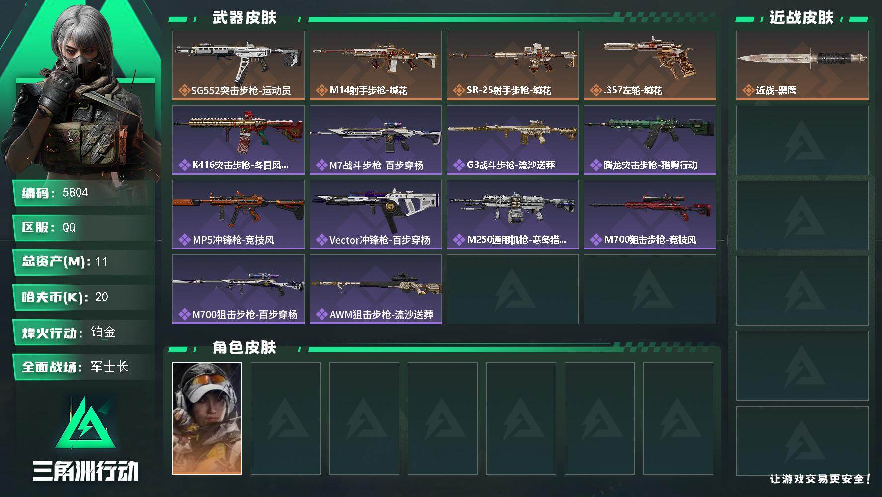 三角洲行动账号QQ总资产(M)：11M/哈夫币(K)：20K/哈夫币(K)：20K/全面战场等级：3_段位：军士长/烽